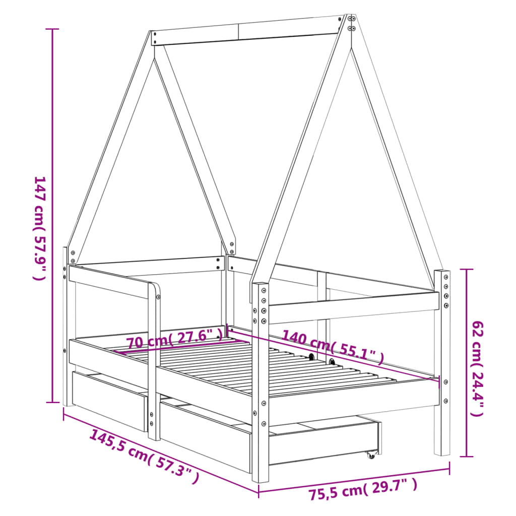 Kinderbedframe met lades 80x160 cm massief grenenhout