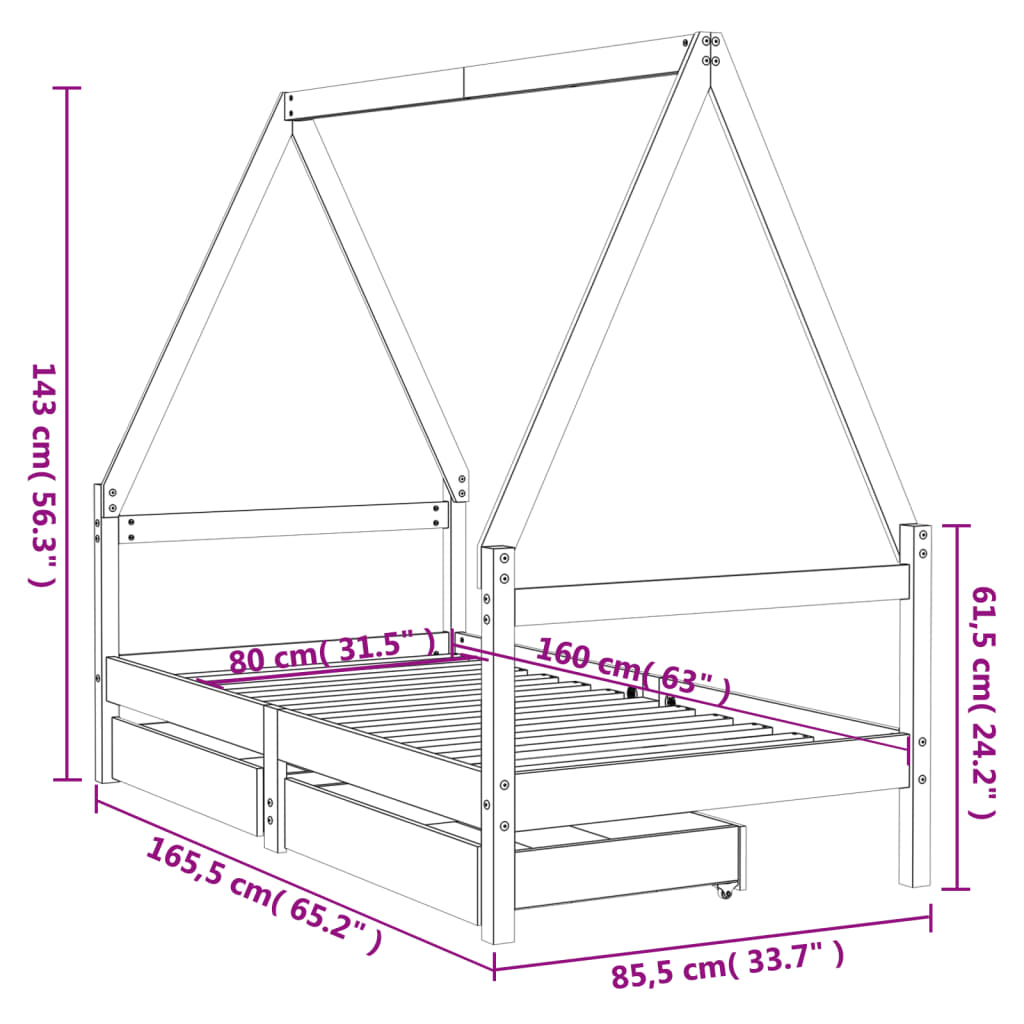 Kinderbedframe met lades 80x160 cm massief grenenhout