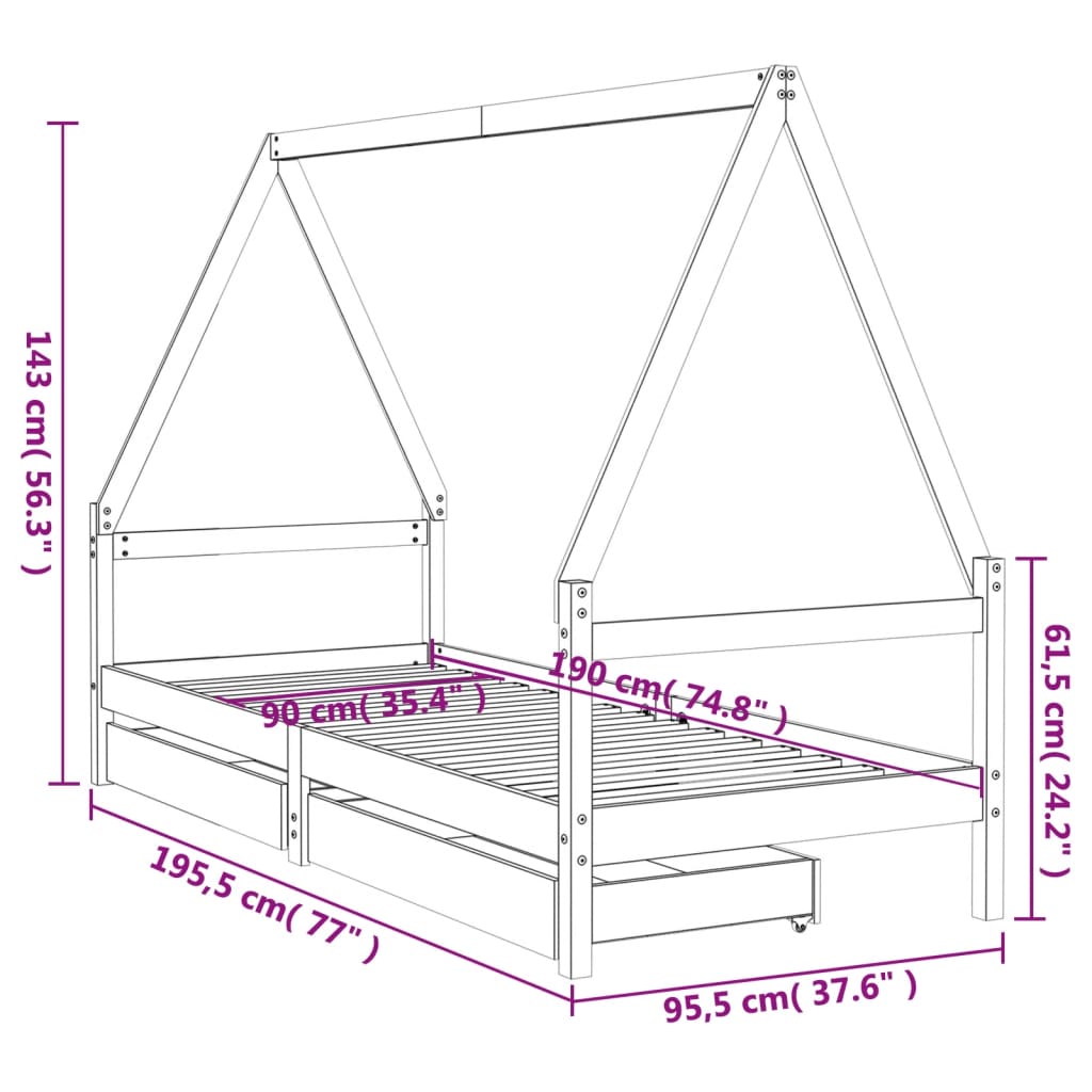 Kinderbedframe met lades 80x160 cm massief grenenhout