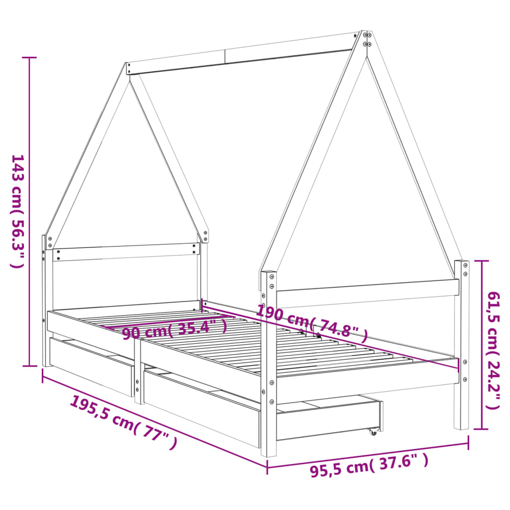 Kinderbedframe met lades 80x160 cm massief grenenhout