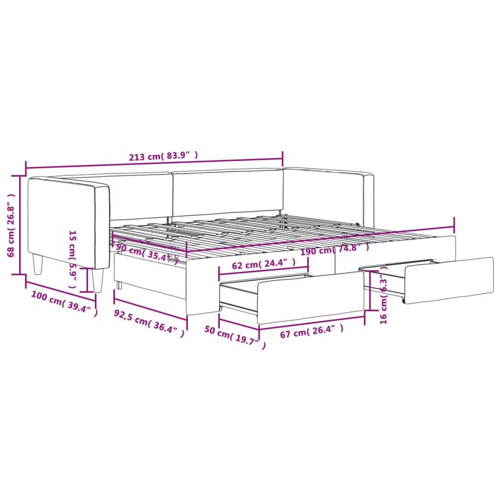 Slaapbank met onderschuifbed 90x190 cm stof