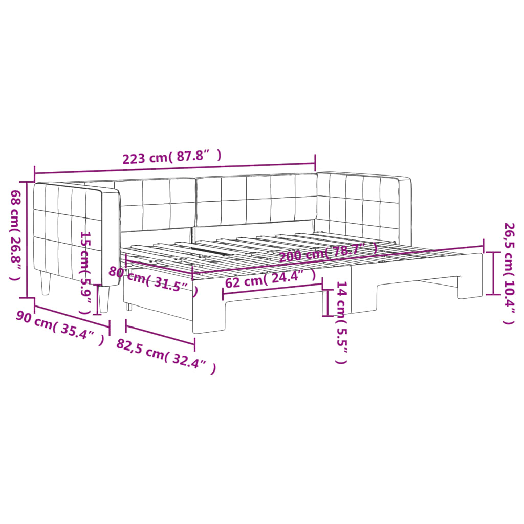 Slaapbank onderschuifbed en matrassen 100x200 cm fluweel