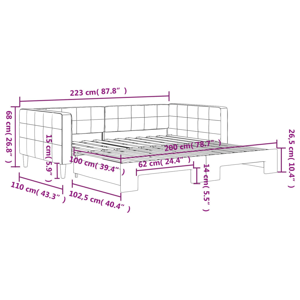 Slaapbank onderschuifbed en matrassen 100x200 cm fluweel