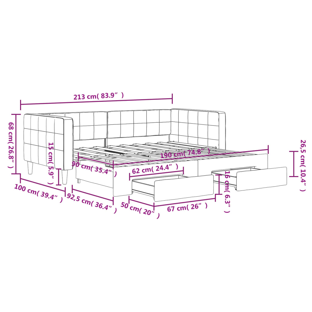 Slaapbank onderschuifbed en matrassen 100x200 cm fluweel