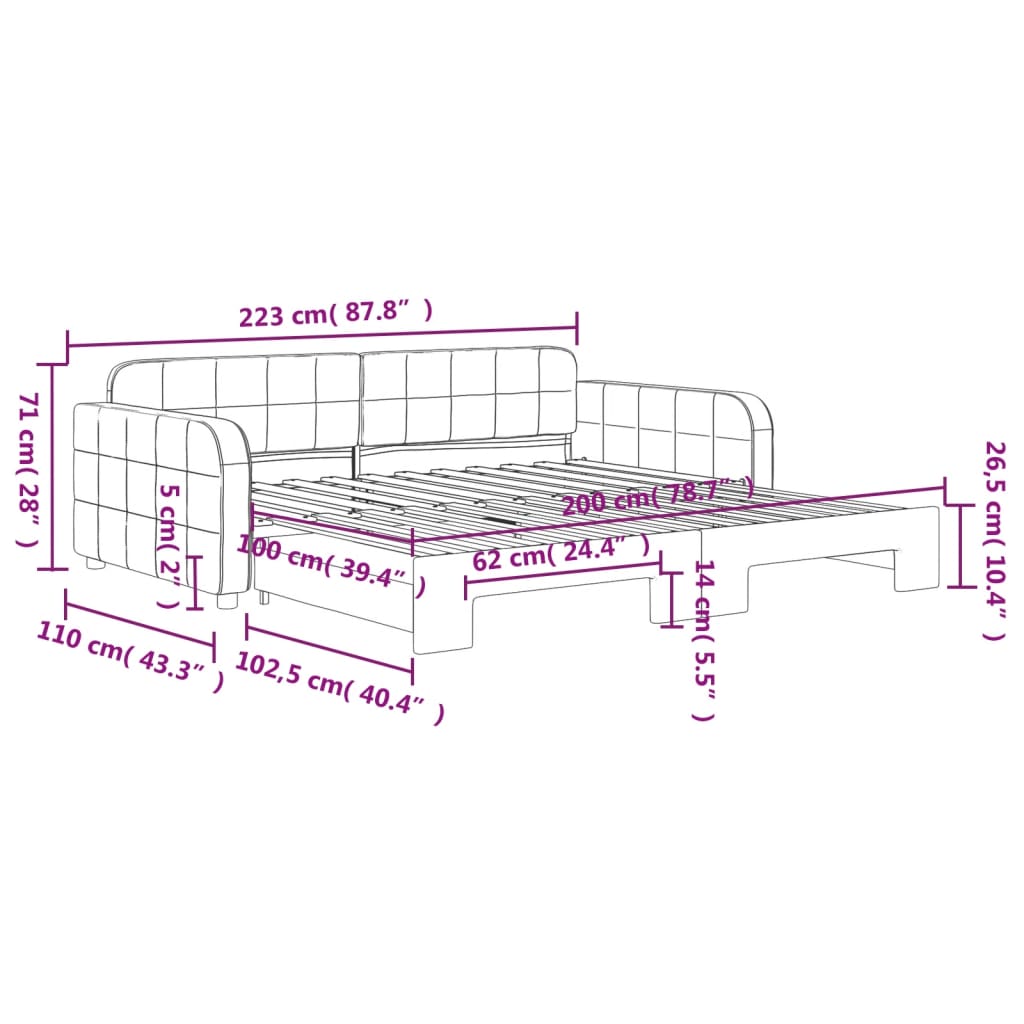 Slaapbank met onderschuifbed en lades 80x200 cm fluweel