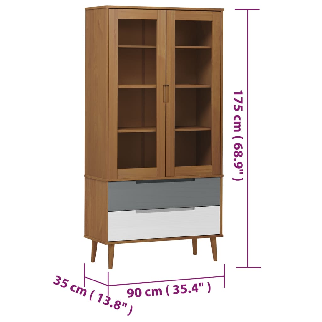 Vitrinekast MOLDE 90x35x175 cm massief grenenhout bruin