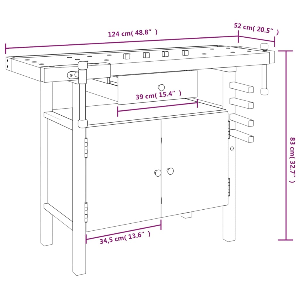 Werkbank met lade en bankschroeven 124x52x83 cm acaciahout