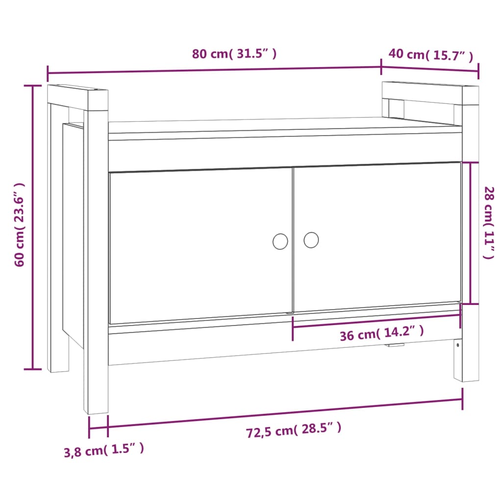 Halbankje 80x40x60 cm massief grenenhout