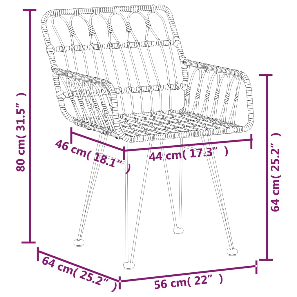 Chaises de jardin 2 pcs avec accoudoirs 56x64x80 cm rotin PE