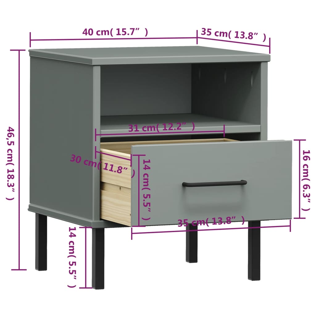 Table de chevet avec pieds en métal OSLO en bois de pin massif