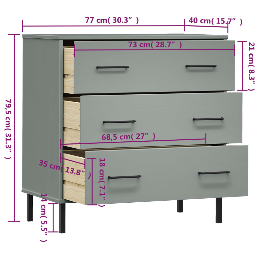 Dressoir met 3 lades OSLO 77x40x79,5 cm massief hout