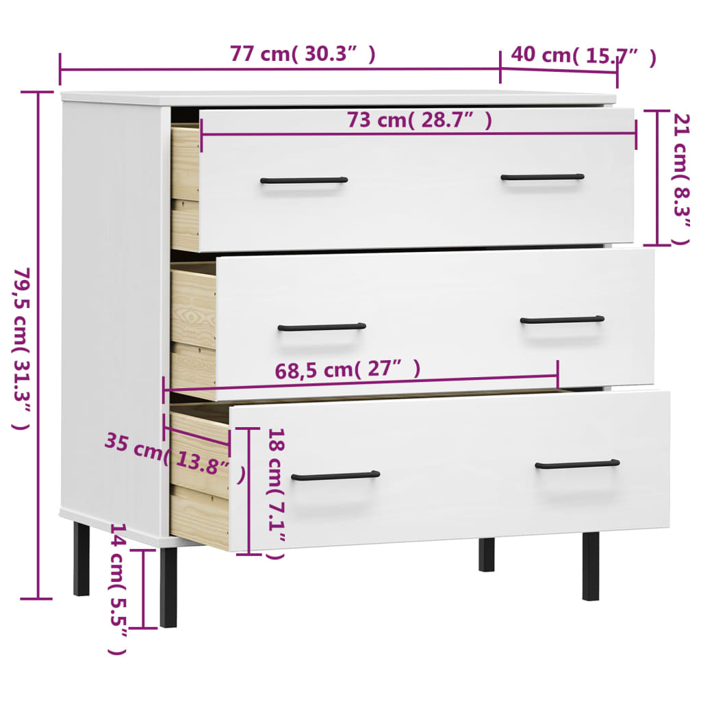 Dressoir met 3 lades OSLO 77x40x79,5 cm massief hout