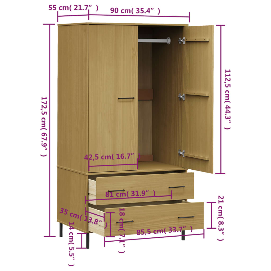 Armoire avec pieds en métal OSLO 90x55x172,5 cm bois