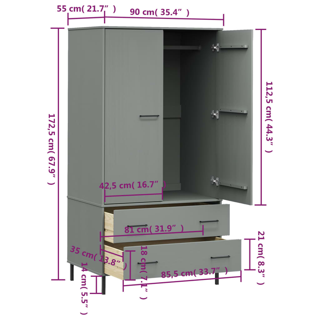 Armoire avec pieds en métal OSLO 90x55x172,5 cm bois