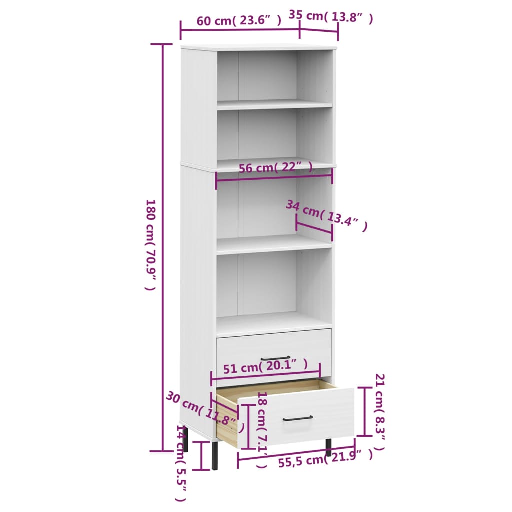 Boekenkast met 2 lades OSLO 60x35x180 cm massief hout