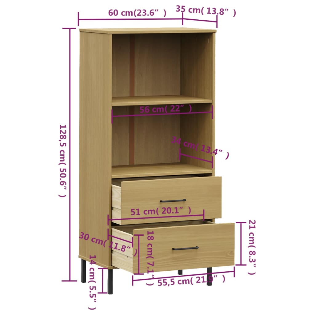 Bibliothèque avec 2 tiroirs OSLO 60x35x128,5 cm bois massif