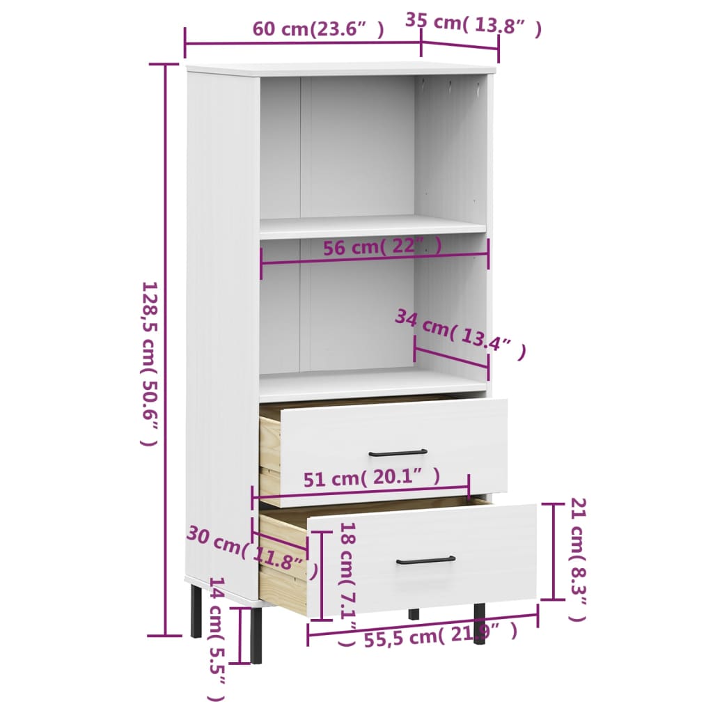 Boekenkast met 2 lades OSLO 60x35x128,5 cm massief hout