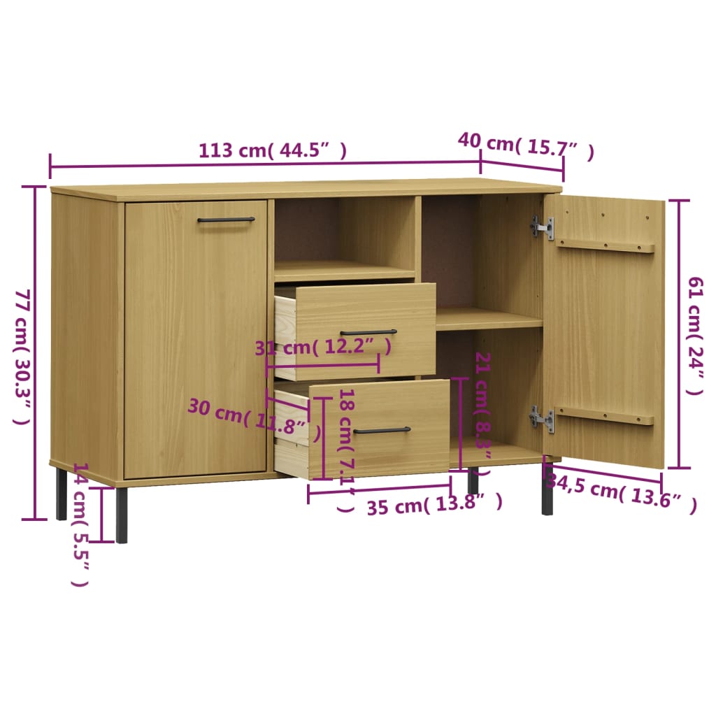 Dressoir met metalen poten OSLO 113x40x77 cm grenenhout