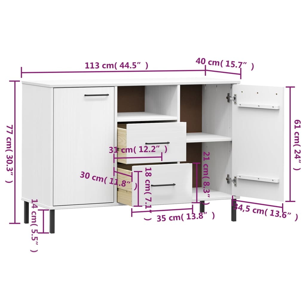 Dressoir met metalen poten OSLO 113x40x77 cm grenenhout