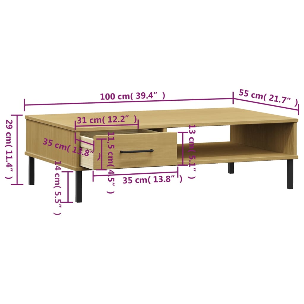 Salontafel met metalen poten OSLO massief grenenhout