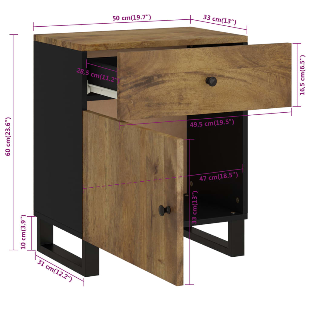 Tables de chevet 50x33x60 cm en manguier massif et dérivé du bois