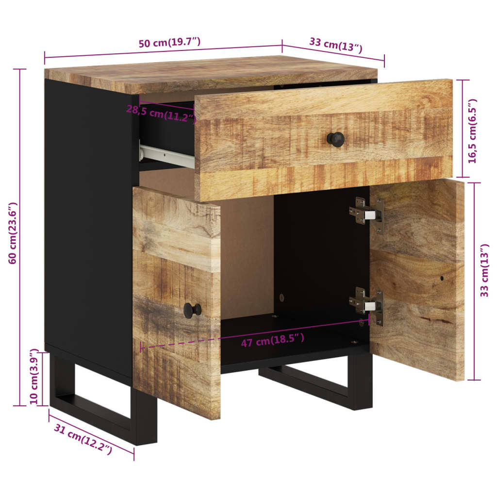 Tables de chevet 50x33x60 cm en manguier massif et dérivé du bois