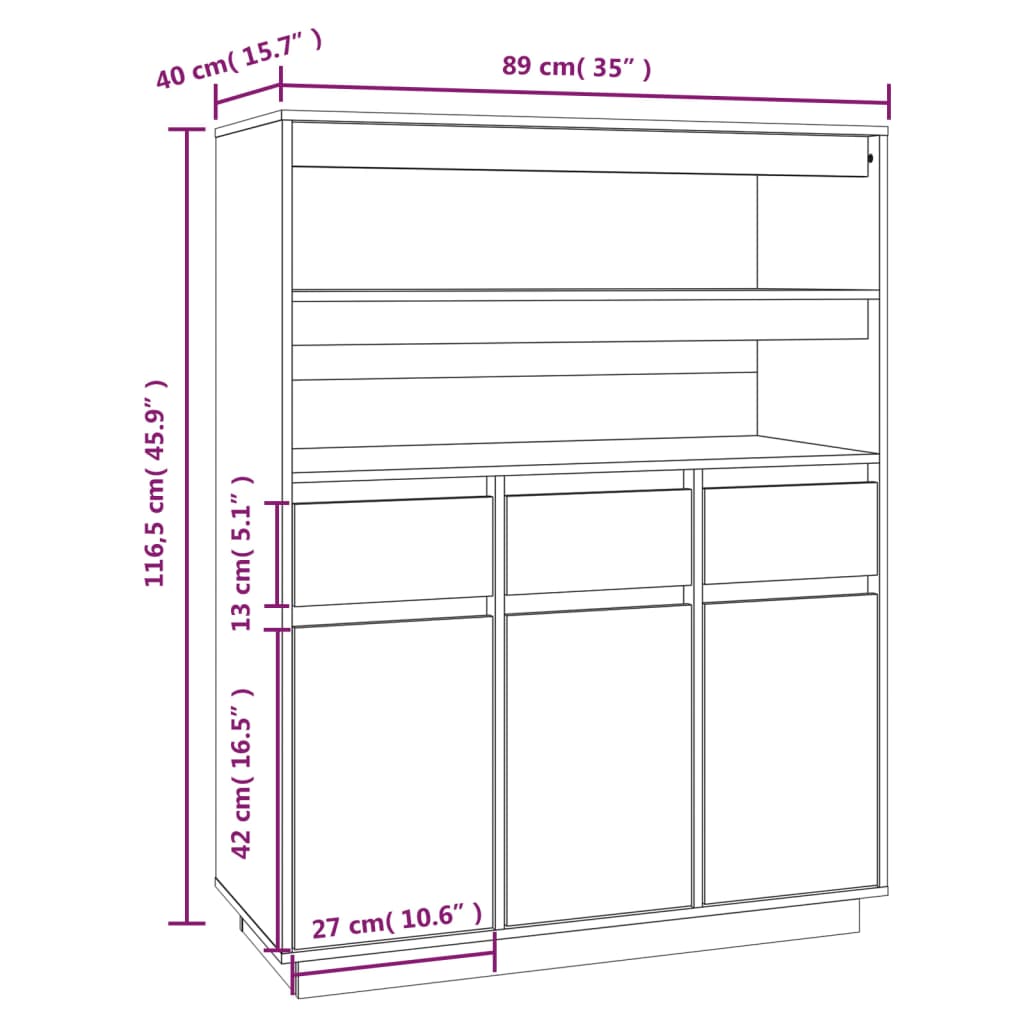 Hoge kast 89x40x116,5 cm massief grenenhout