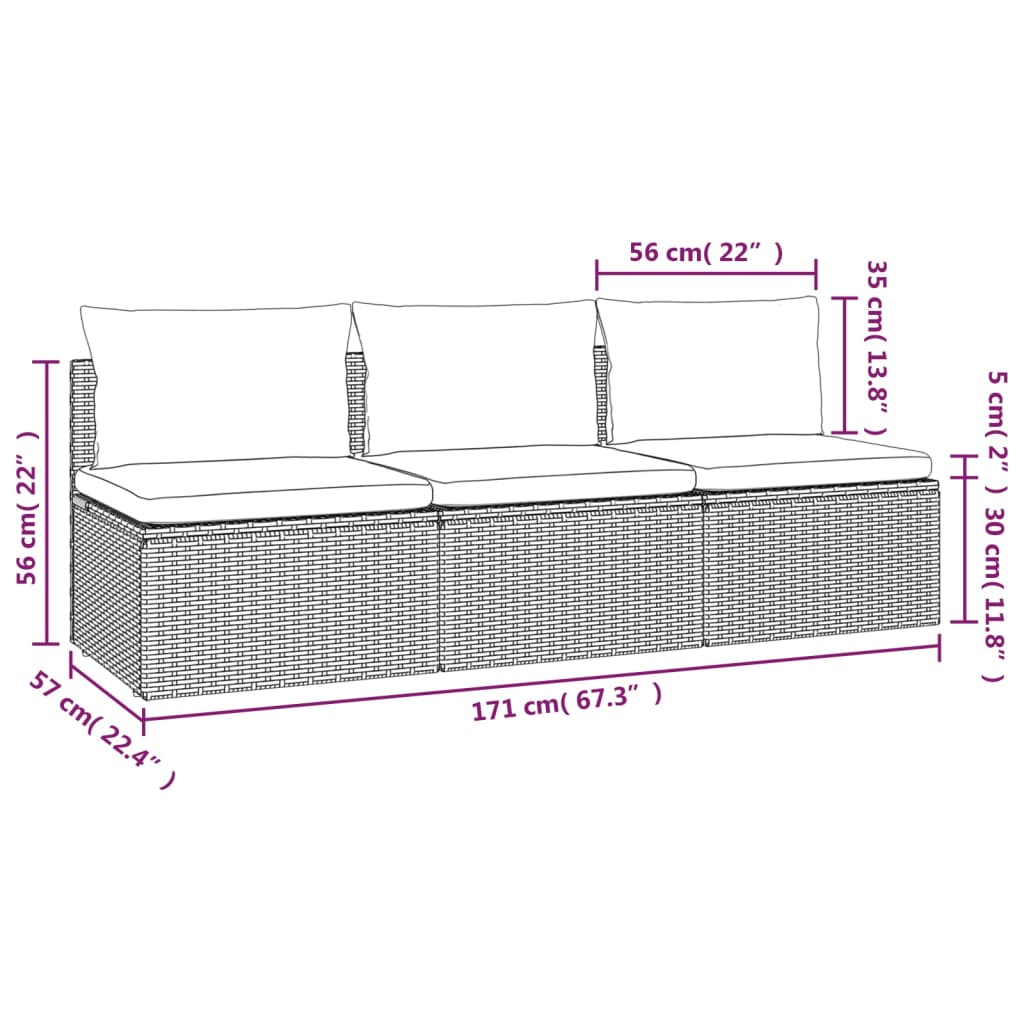 3-delige Loungeset met kussens poly rattan grijs