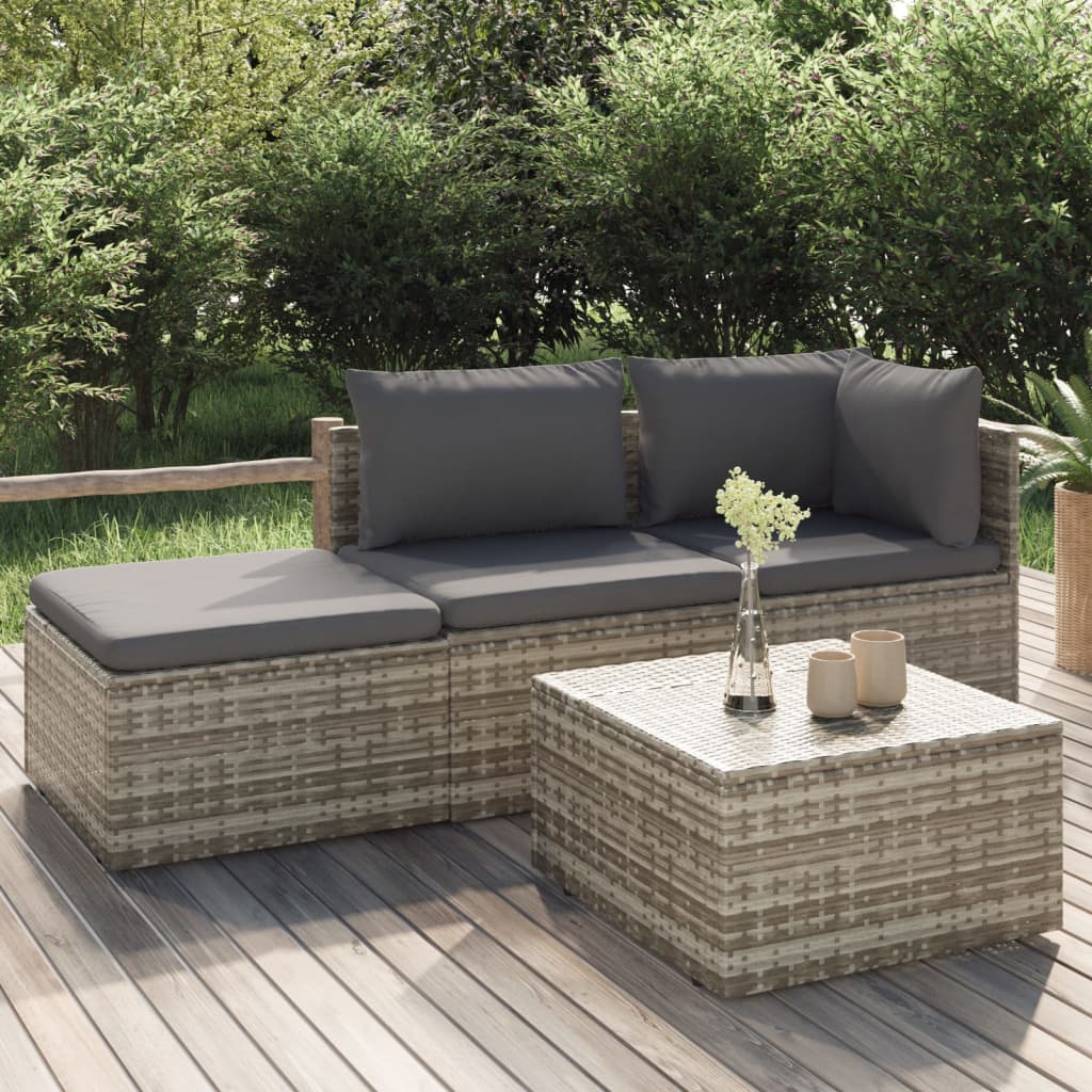 3-delige Loungeset met kussens poly rattan grijs