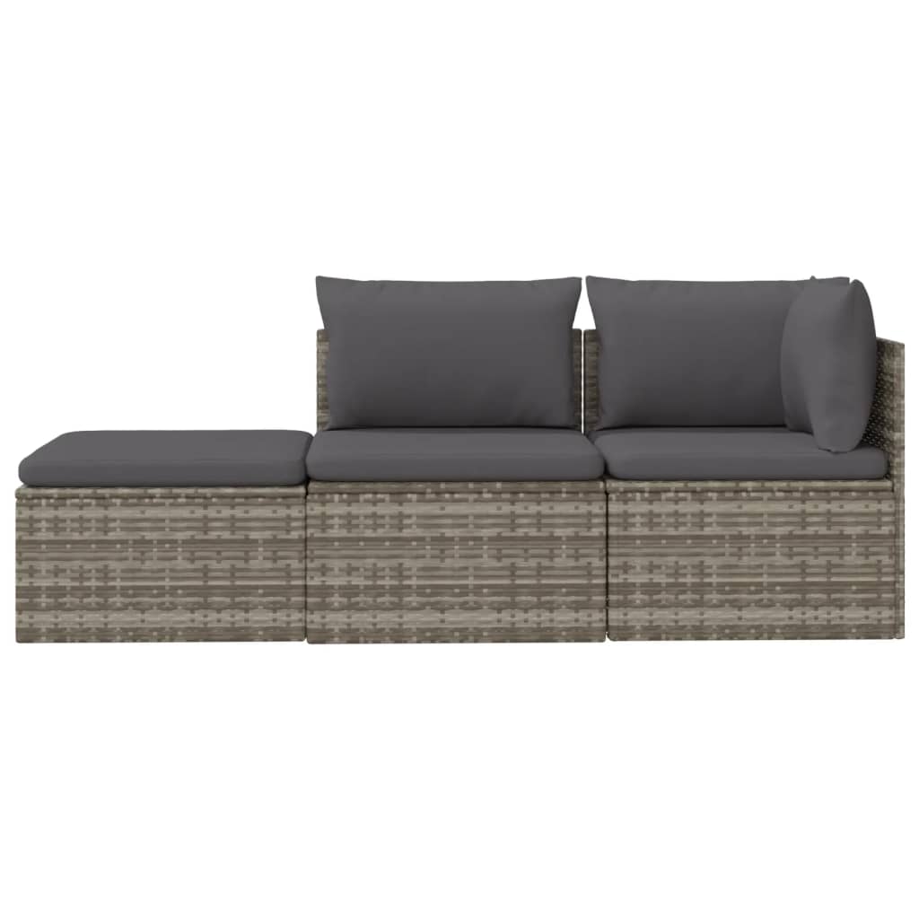 3-delige Loungeset met kussens poly rattan grijs