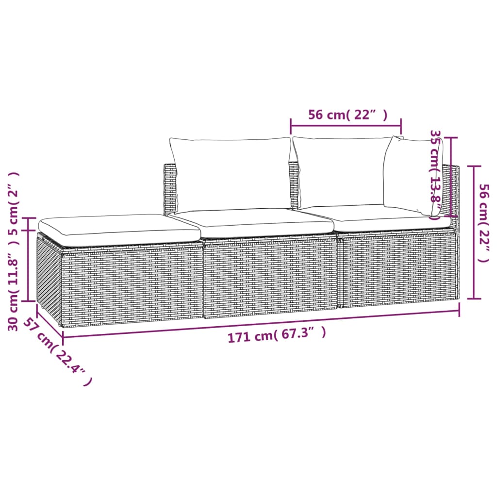 3-delige Loungeset met kussens poly rattan grijs