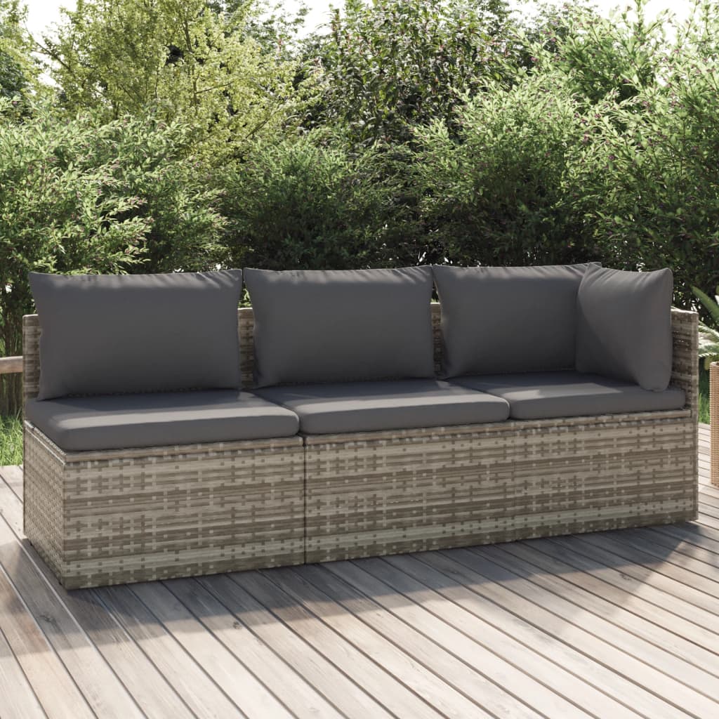 3-delige Loungeset met kussens poly rattan grijs