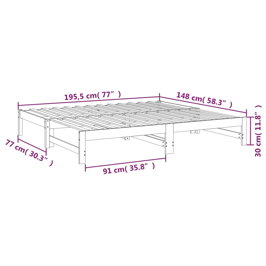 Slaapbank uitschuifbaar massief grenenhout 2x(90x190) cm