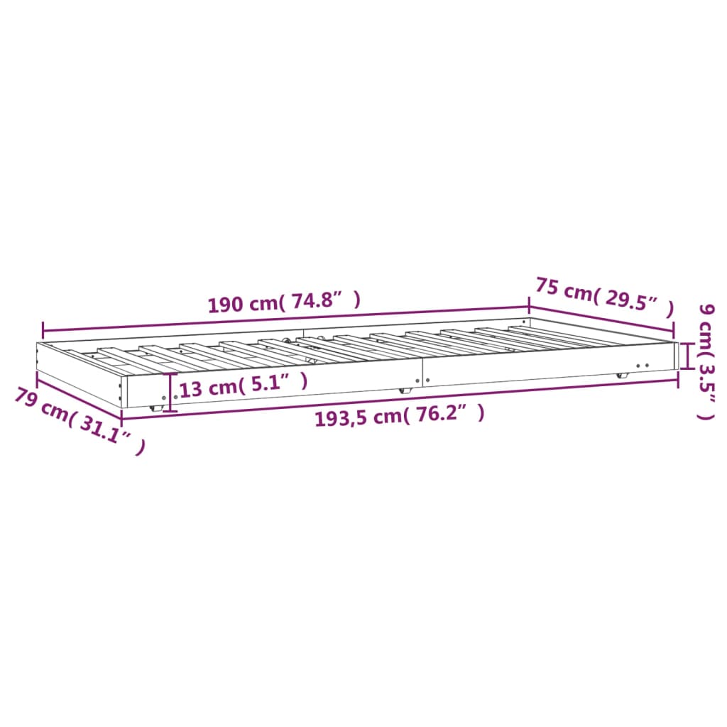 Cadre de lit 75x190 cm en pin massif