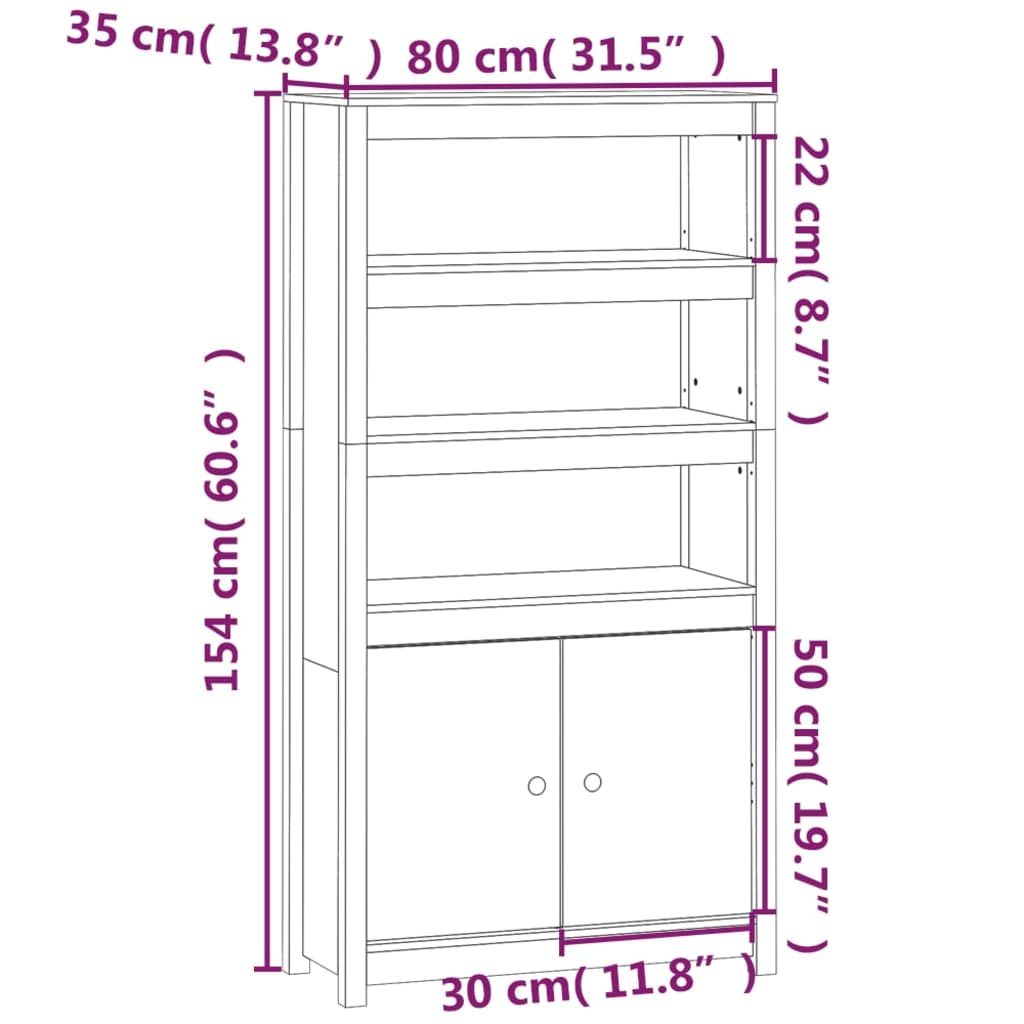 Meuble haut 80x35x154 cm en bois de pin massif