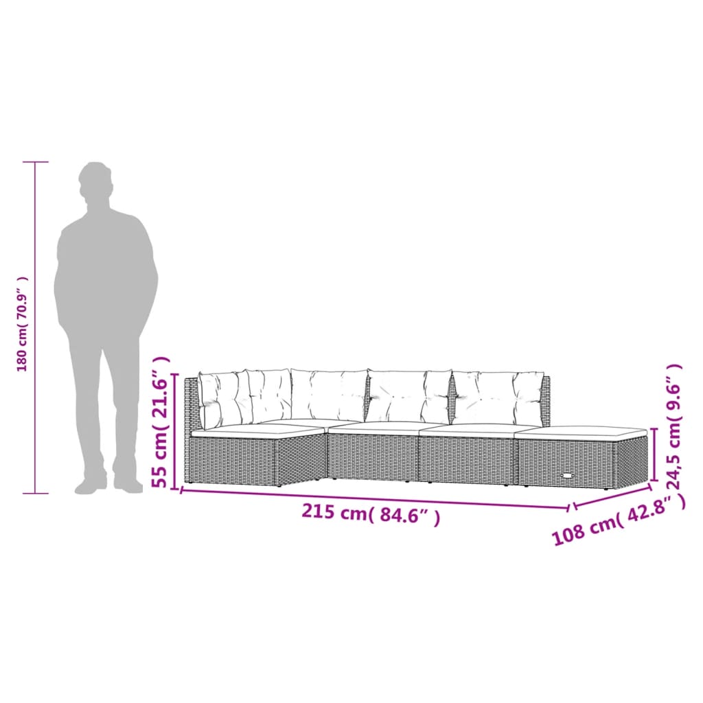 5-delige Loungeset met kussens poly rattan