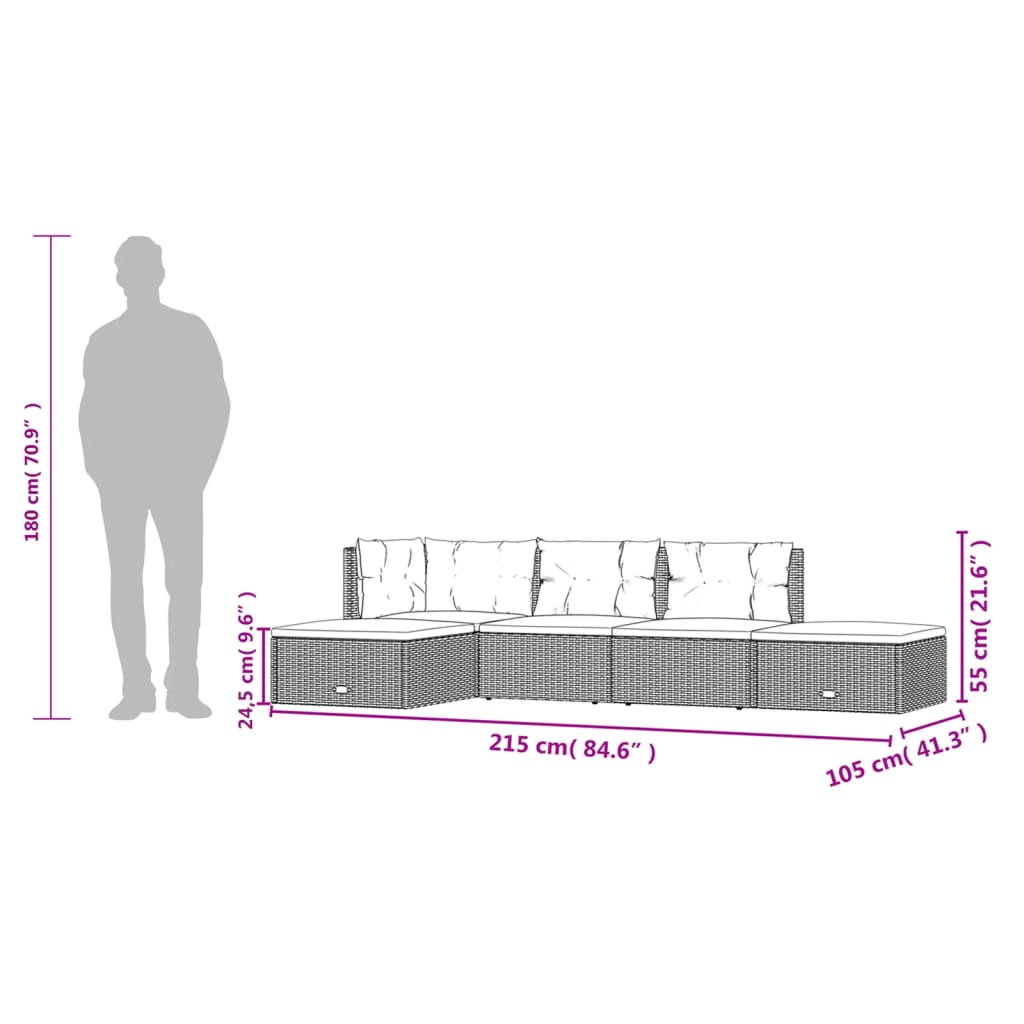 5-delige Loungeset met kussens poly rattan