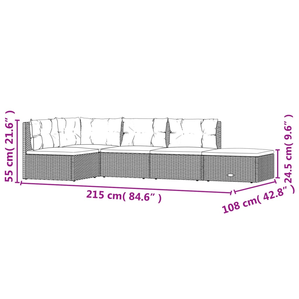 5-delige Loungeset met kussens poly rattan