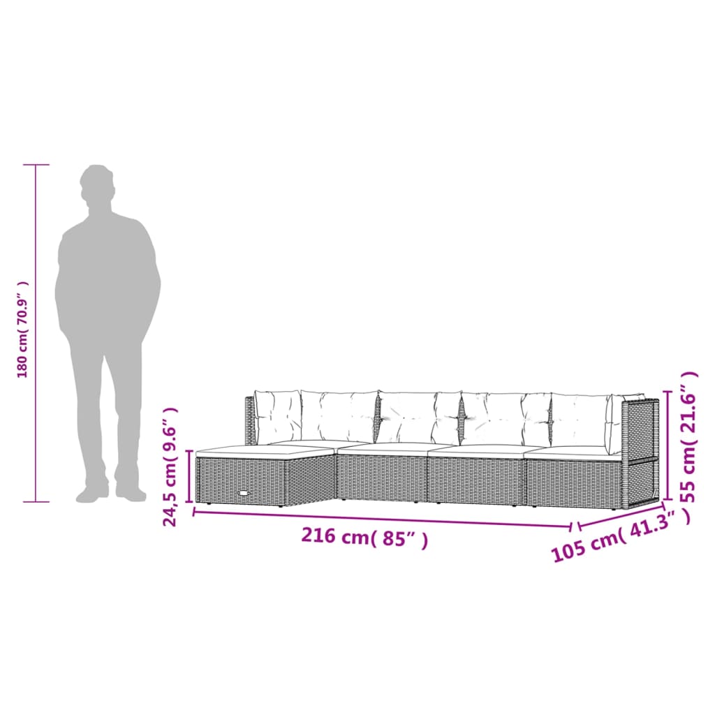 5-delige Loungeset met kussens poly rattan