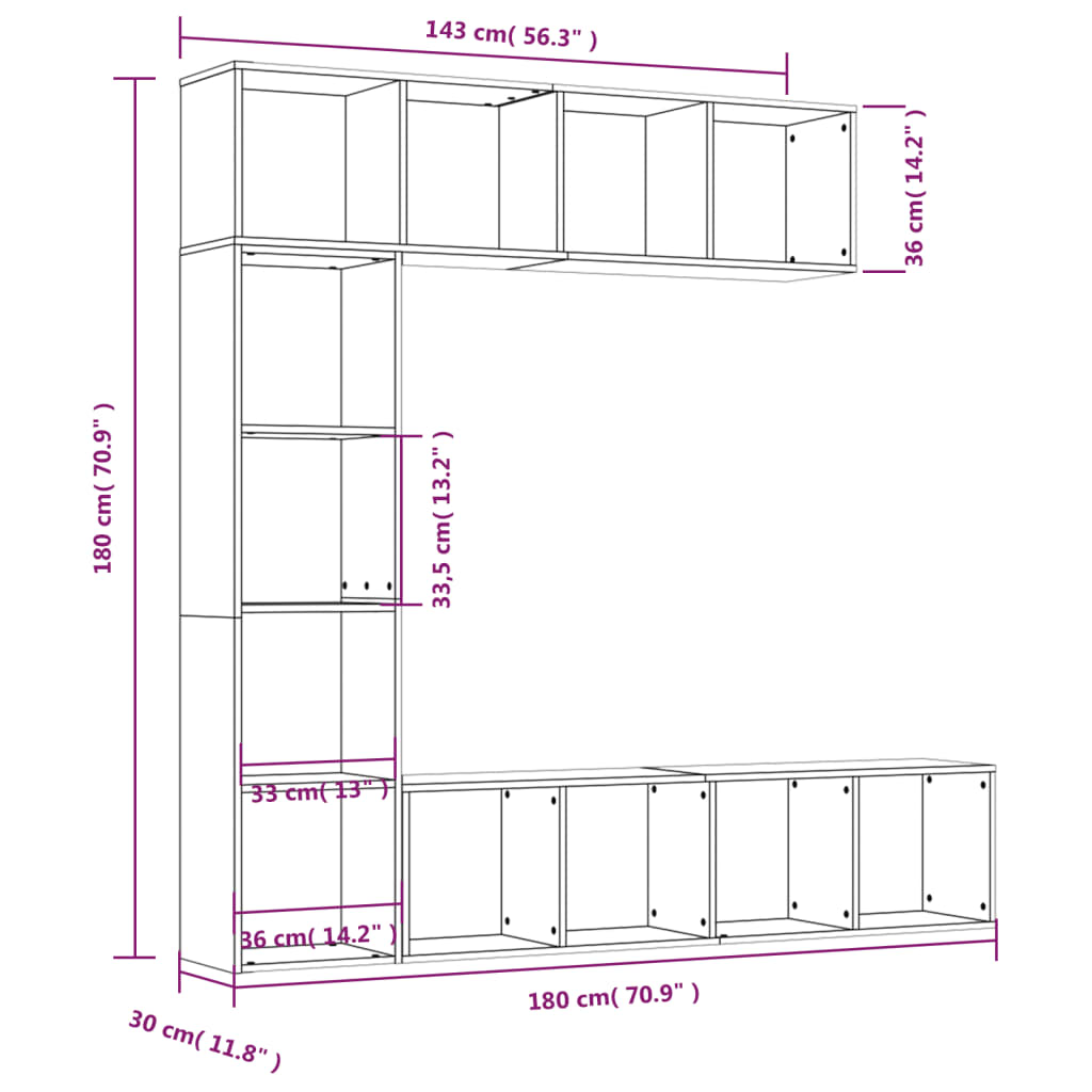 3-delige boekenkast- / tv-meubelset 180x30x180 cm gerookt eiken