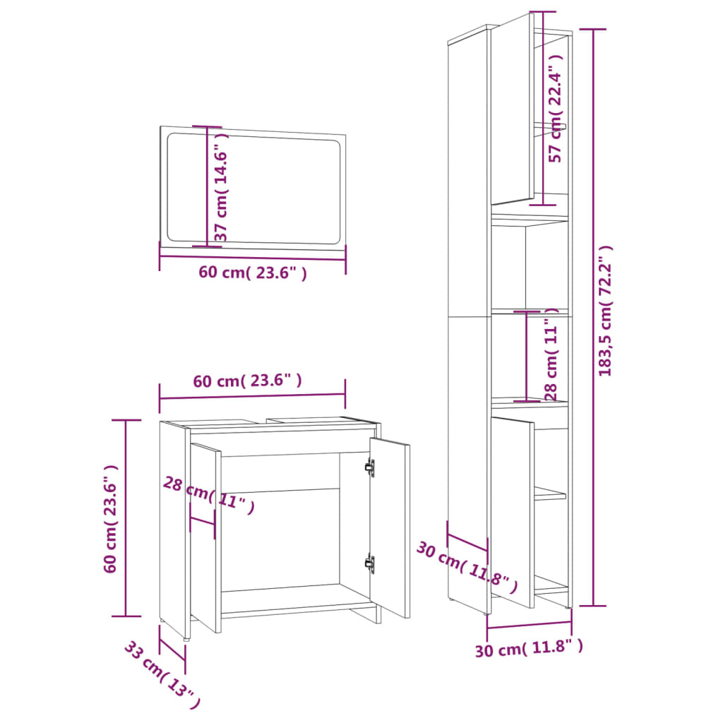 Ensemble de meubles de salle de bain 3 pièces en bois couleur chêne