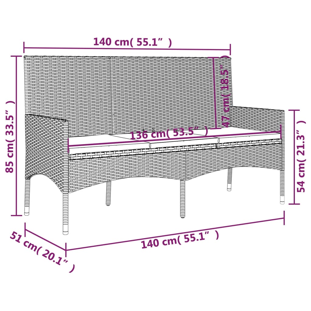 Tuinbank 3-zits met kussens poly rattan