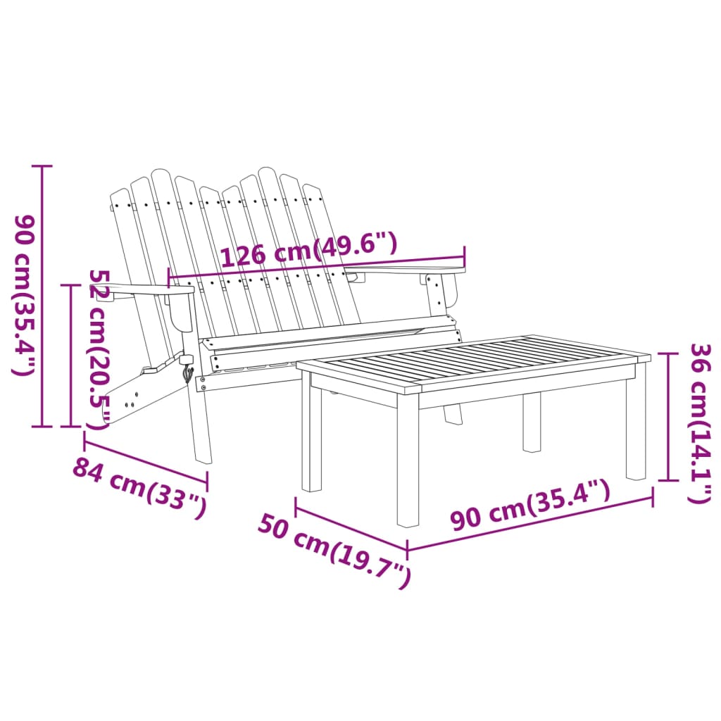 Ensemble de salon 3 pièces Adirondack en bois d'acacia massif