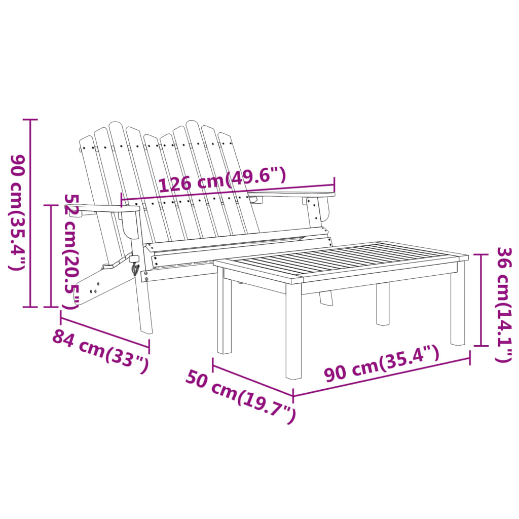 Ensemble de salon 3 pièces Adirondack en bois d'acacia massif