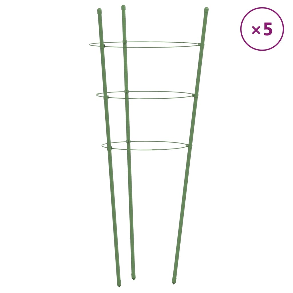 Supports pour plantes 5 pcs avec 3 anneaux 45 cm acier vert