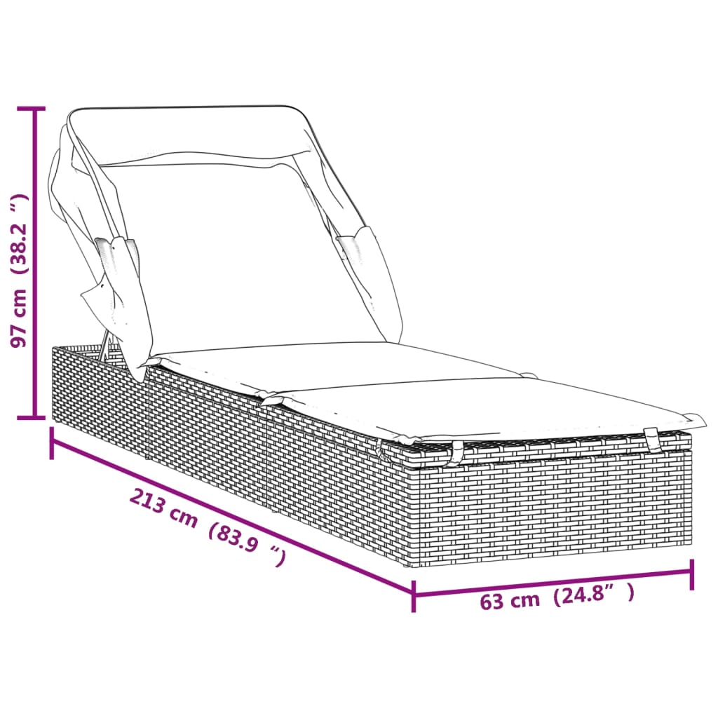 Bain de soleil avec toit rabattable 213x63x97 cm poly rotin