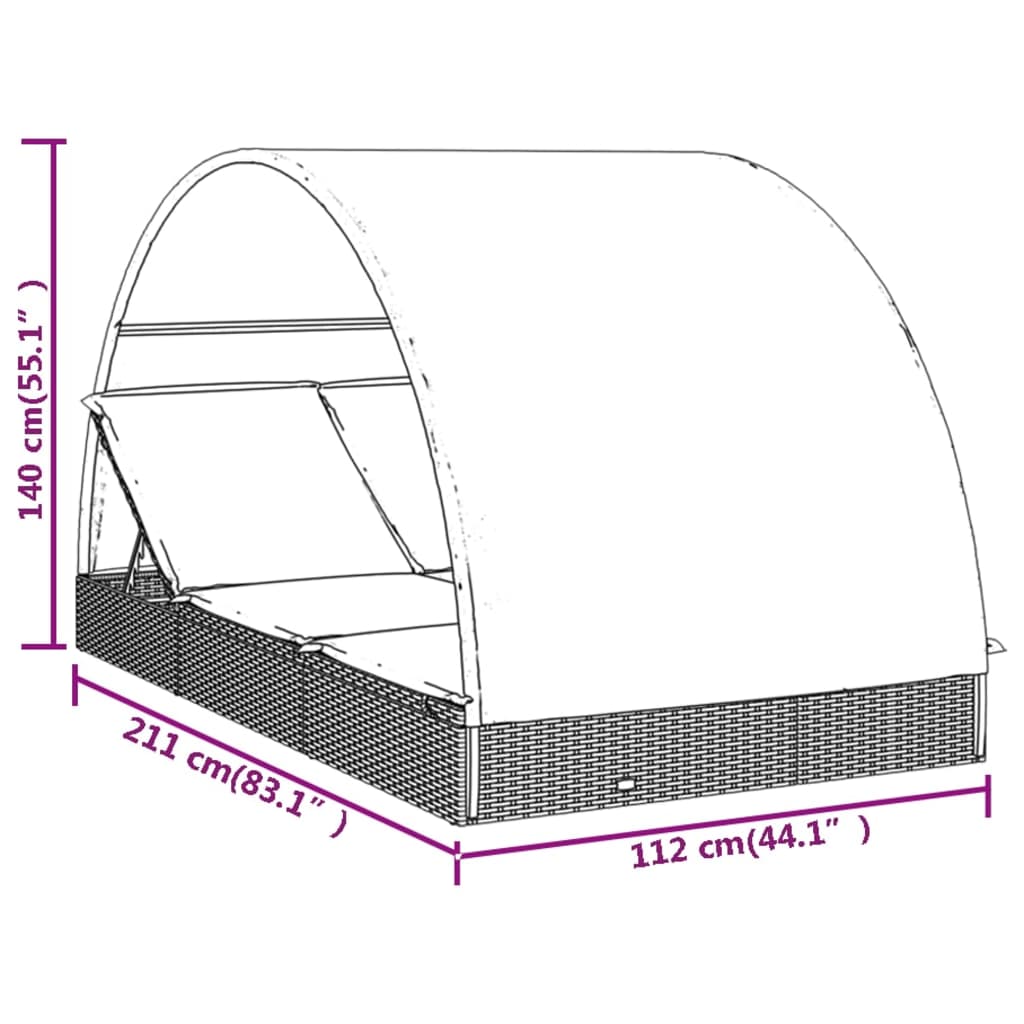 Chaise longue double à toit rond 211x112x140 cm poly rotin