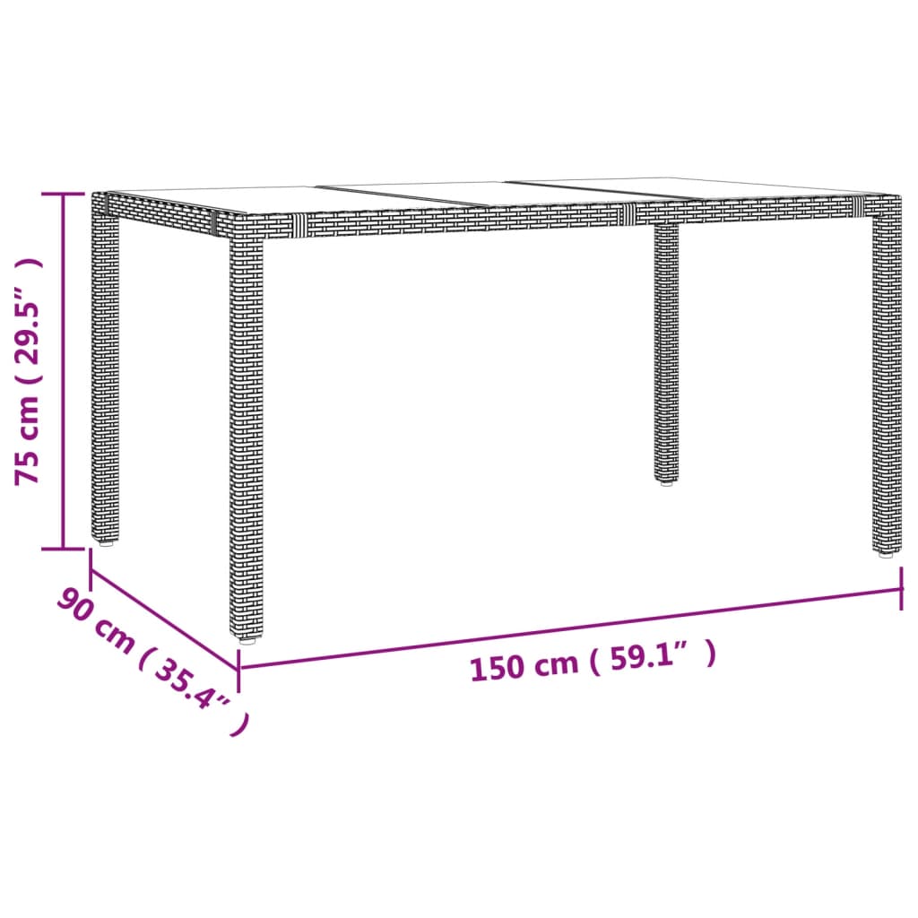 Tuintafel met glazen blad poly rattan en gehard glas