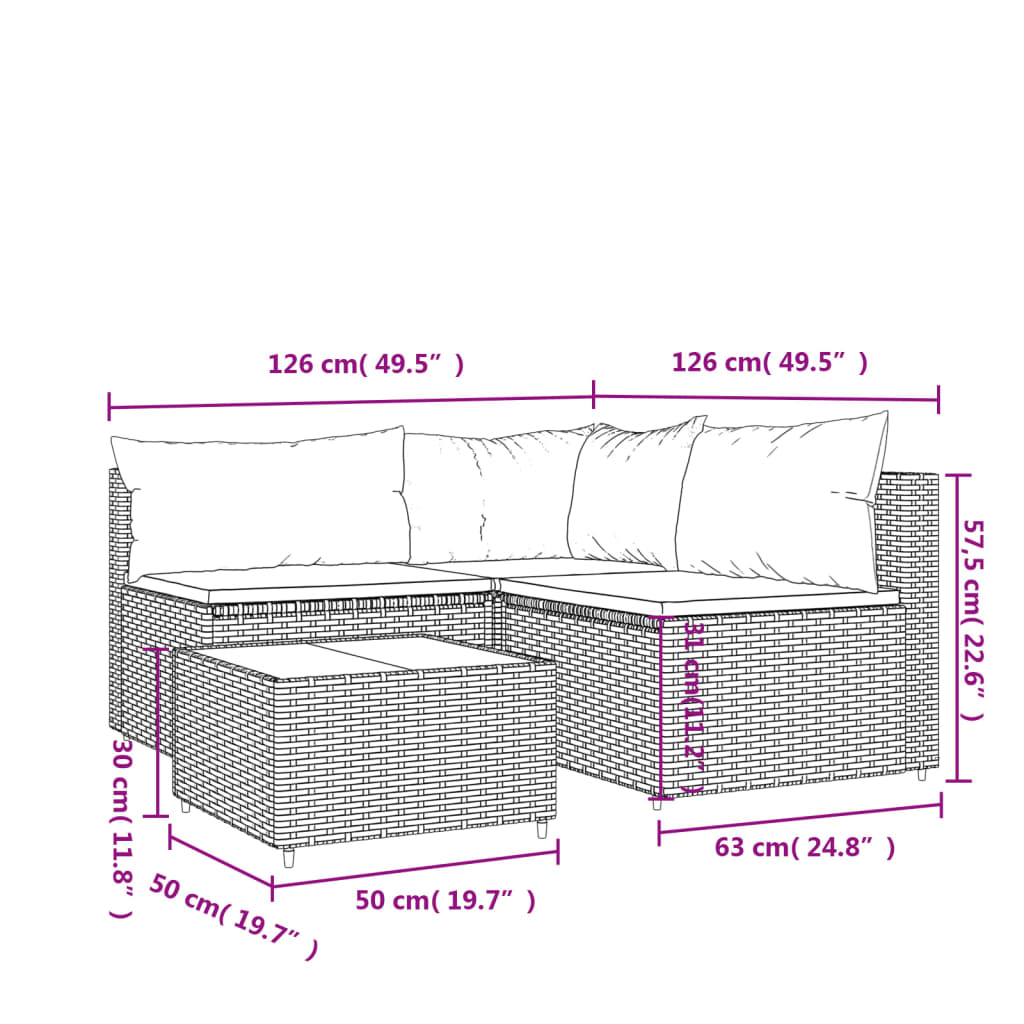 3-delige Loungeset met kussens poly rattan