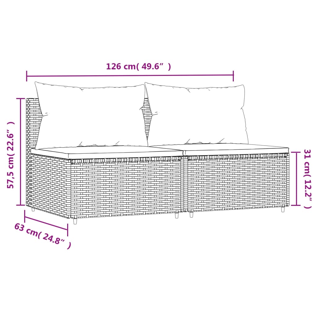 Bancs de jardinerie avec coussins 2 pcs poly rotin